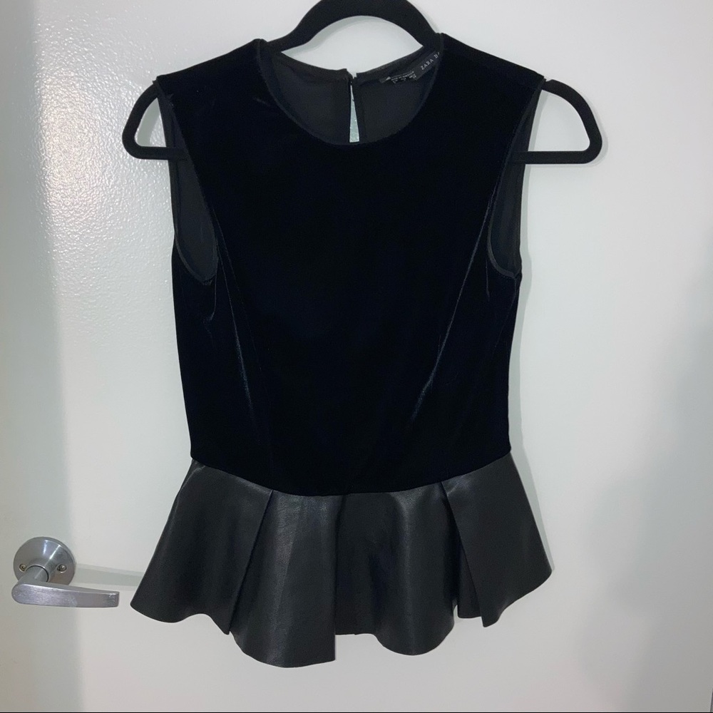 Black Zara velvet and leather peplum top